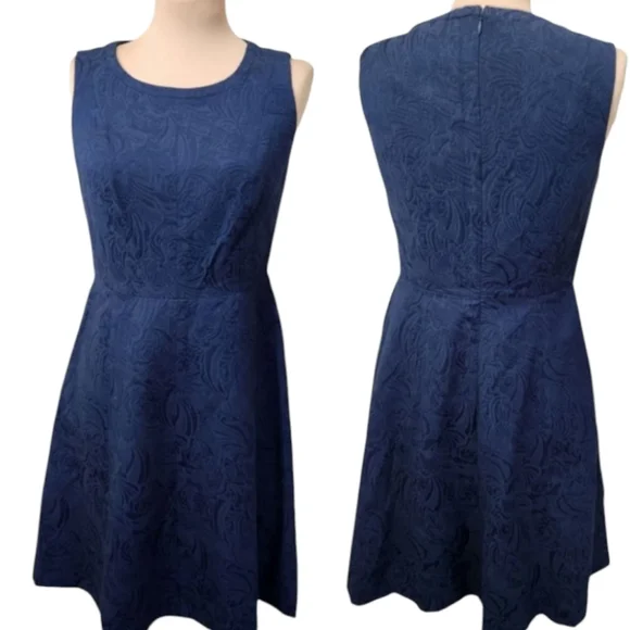 TALBOTS Navy Blue Jacquard Fit & Flare Sleeveless Dress - Size 4 - Picture 2 of 13